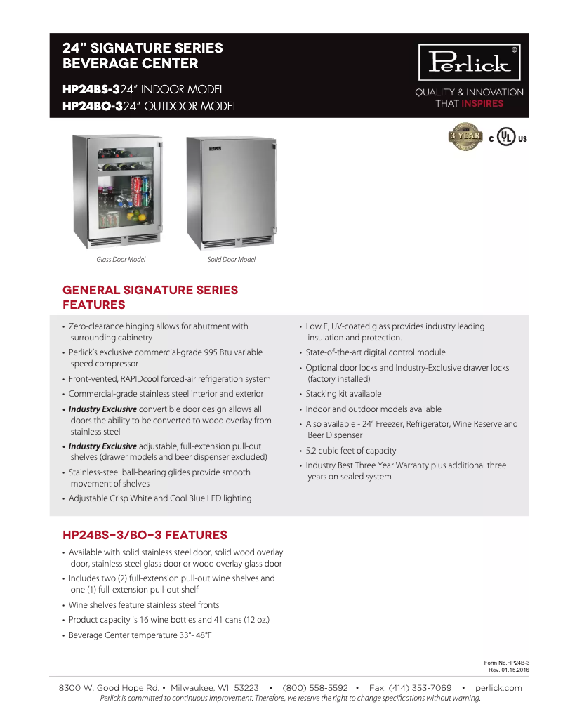 Página 1 del manual Ficha técnica Perlick Signature Series HP24BO-3-3L