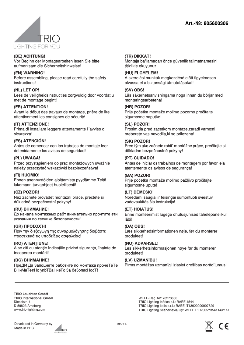 Page n°1 - Manuel utilisateur Trio Lighting Kolani 805600306