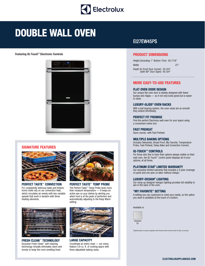 Page 1 de la notice Fiche technique Electrolux EI27EW45PS