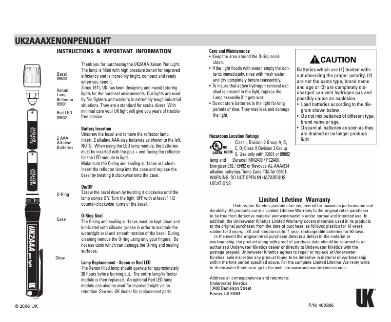 Page 1 de la notice Manuel utilisateur Underwater Kinetics UK2AAA Xenon Pen Light