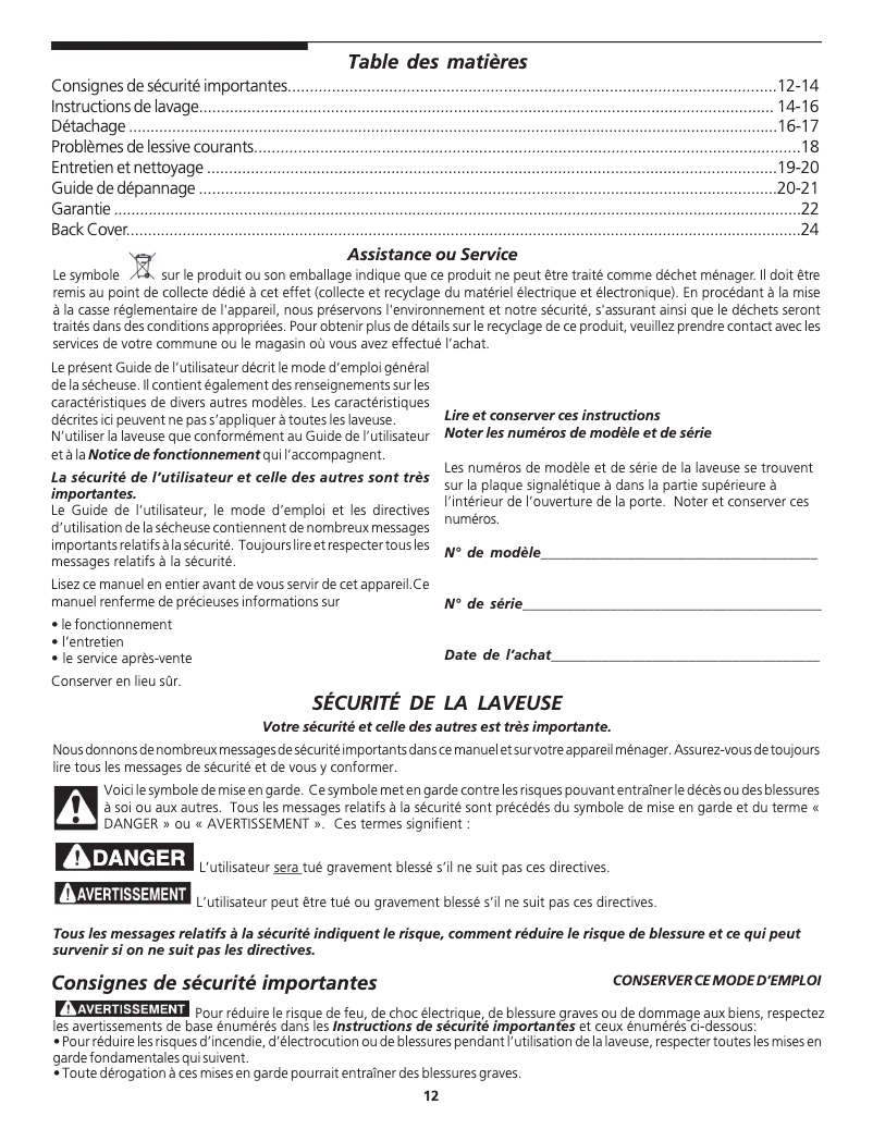 Page 1 de la notice Manuel utilisateur Frigidaire FTF530FS