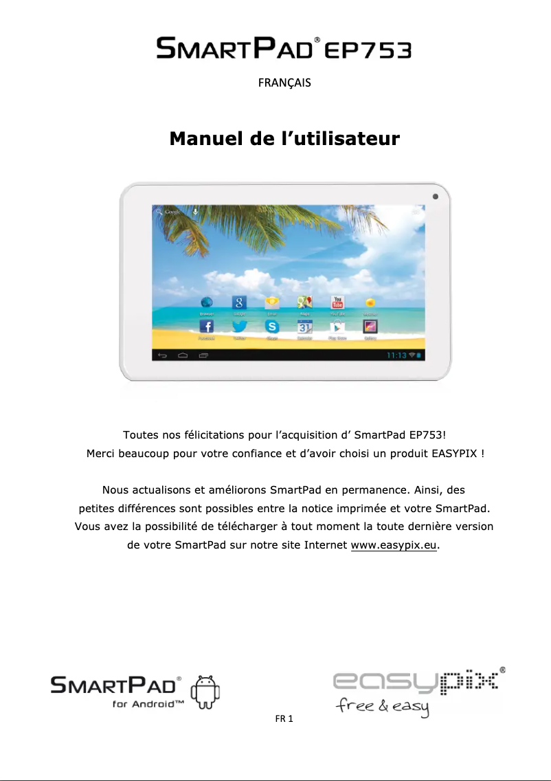 Page 1 de la notice Manuel utilisateur Easypix SmartPad EP753