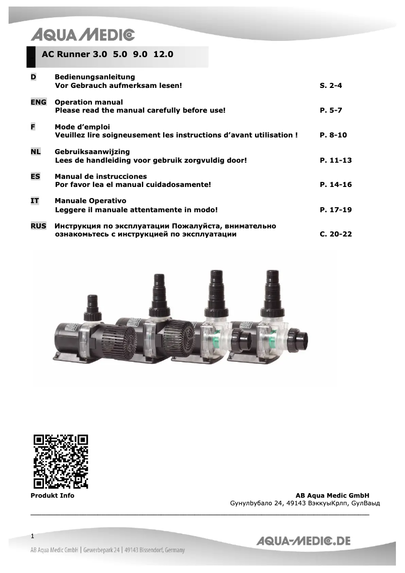 Page 1 de la notice Manuel utilisateur Aqua Medic AC Runner 9.0