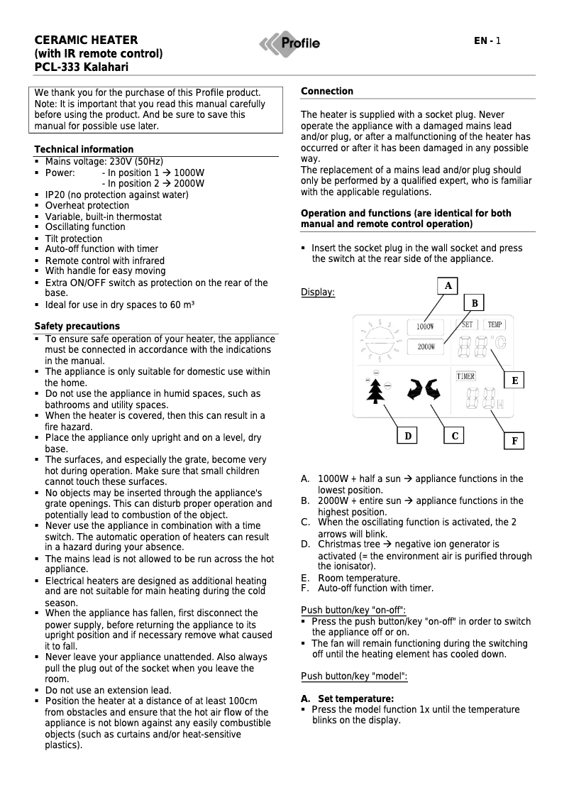 Image de la première page du manuel de l'appareil PCL-333 Kalahari