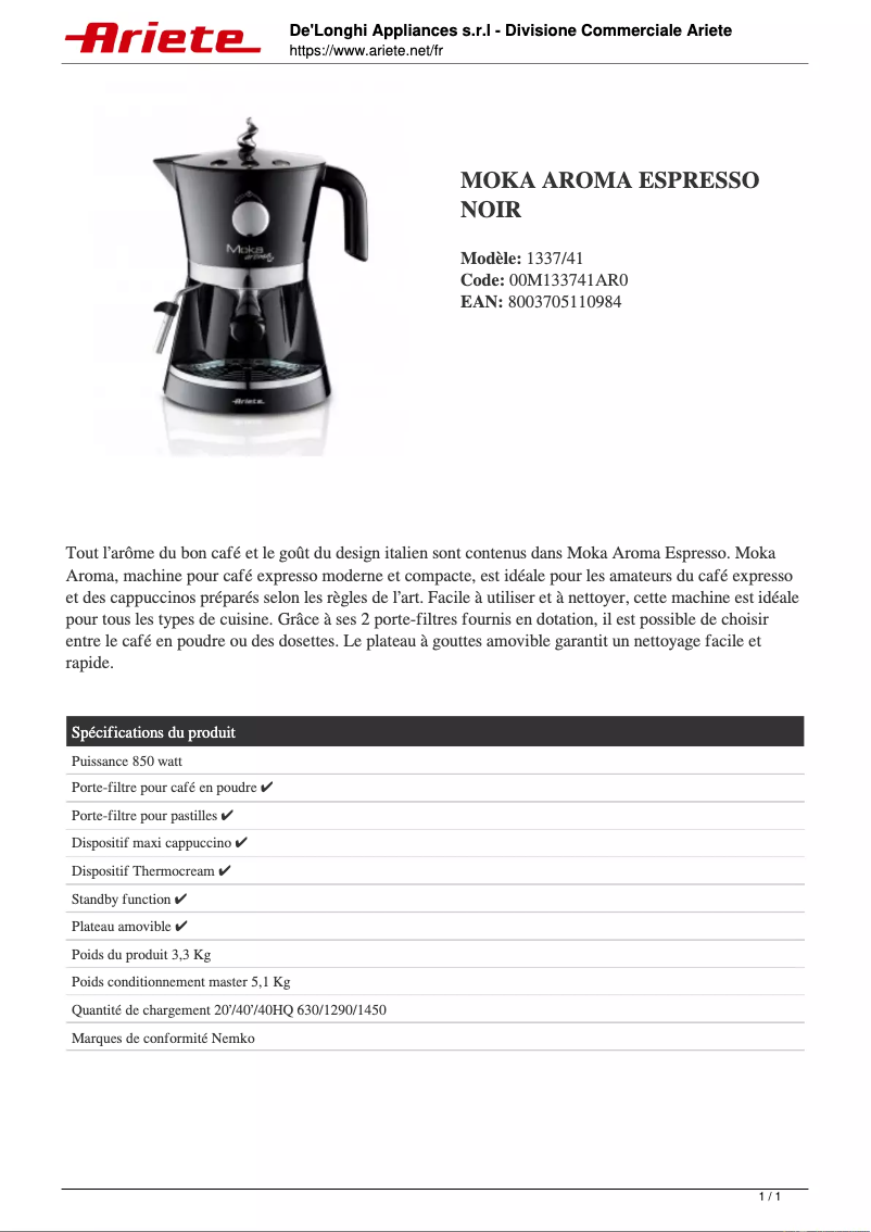 Image de la première page du manuel de l'appareil 1337