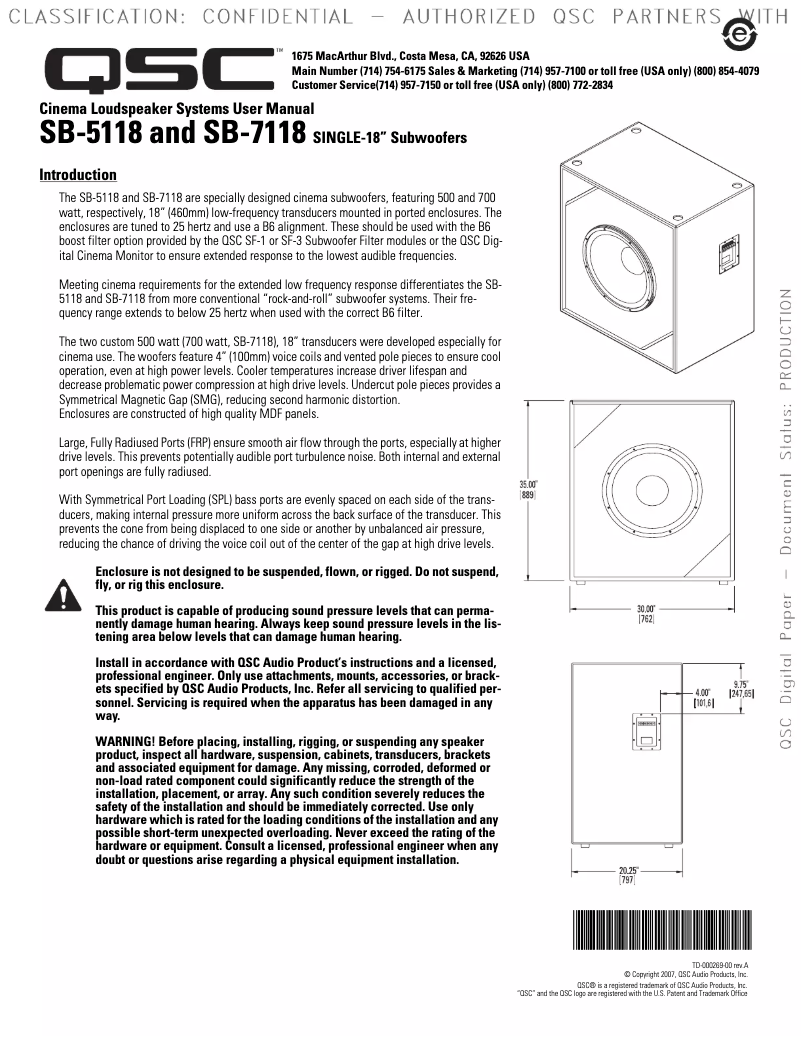 Page 1 de la notice Manuel utilisateur QSC SB-7118