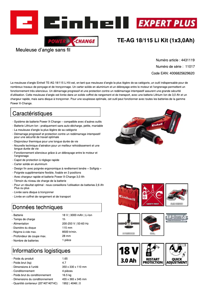 Page 1 de la notice Fiche technique Einhell TE-AG 18/115 Li
