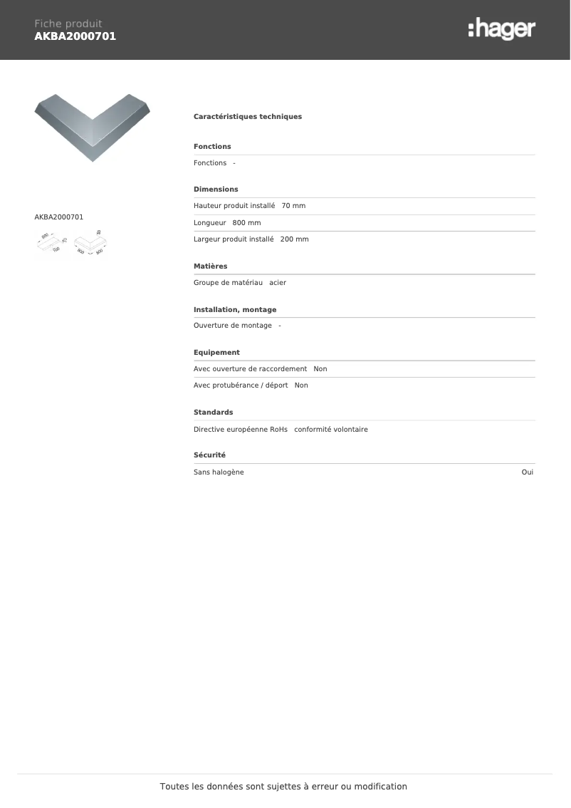 Page 1 de la notice Fiche technique Hager AKBA2000701