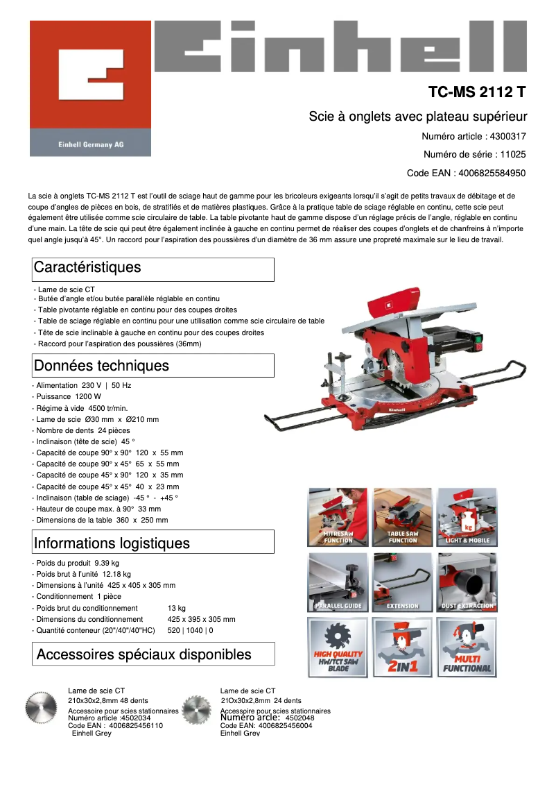 Page 1 de la notice Fiche technique Einhell TC-MS 2112 T