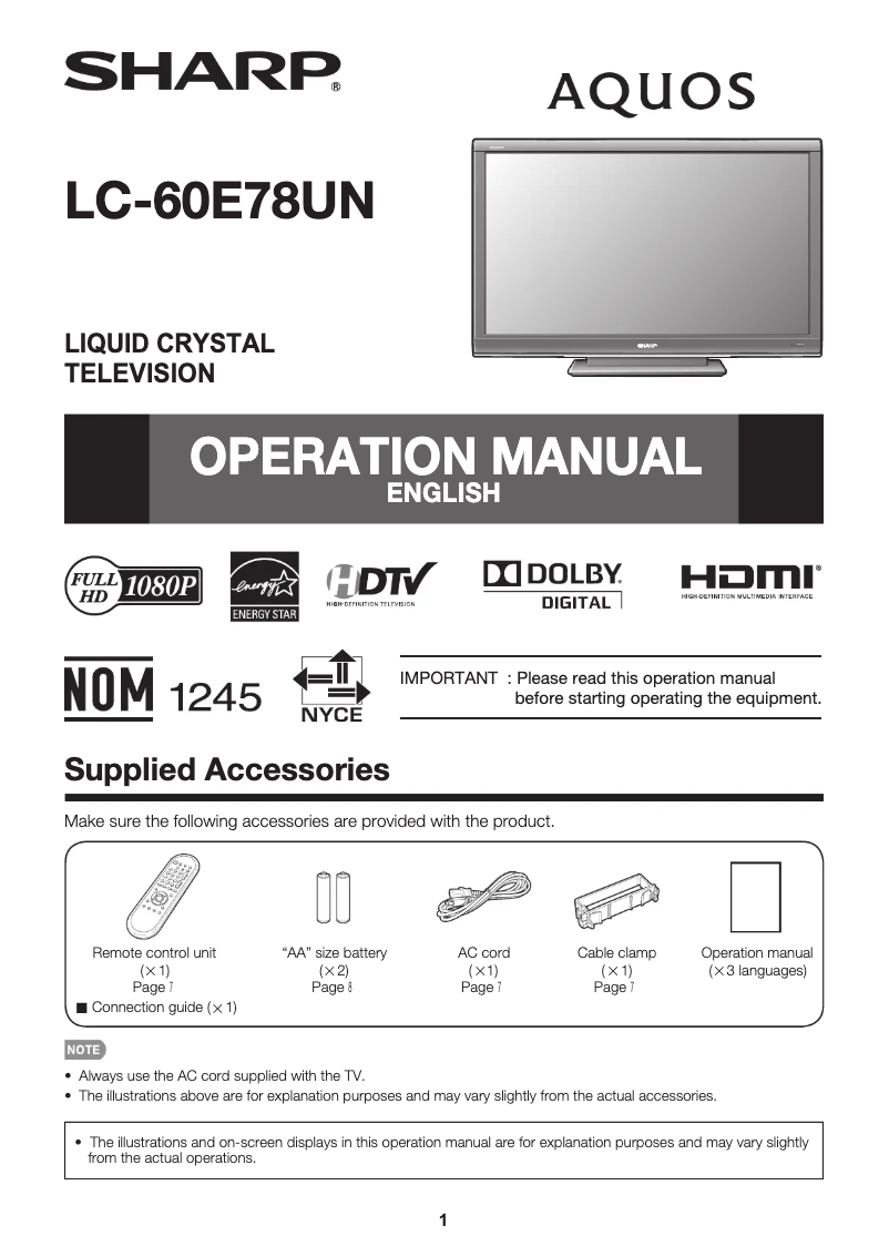 Page 1 de la notice Manuel utilisateur Sharp AQUOS LC-60E78UN