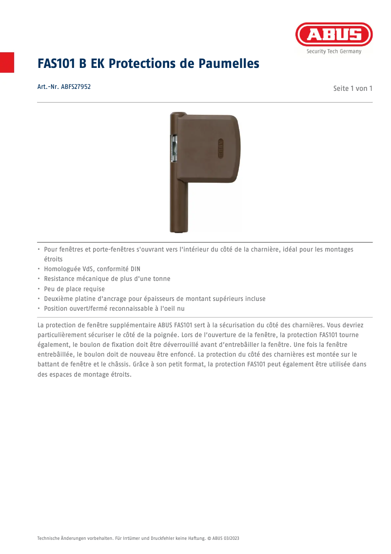 Page 1 de la notice Fiche technique Abus ABFS27952