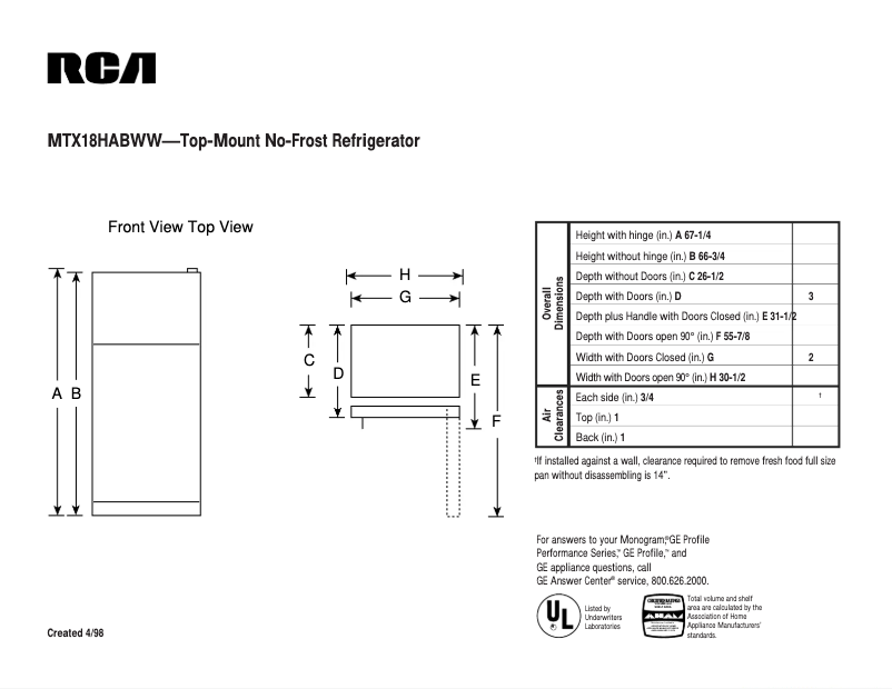 Page 1 de la notice Fiche technique RCA MTX18HABWW