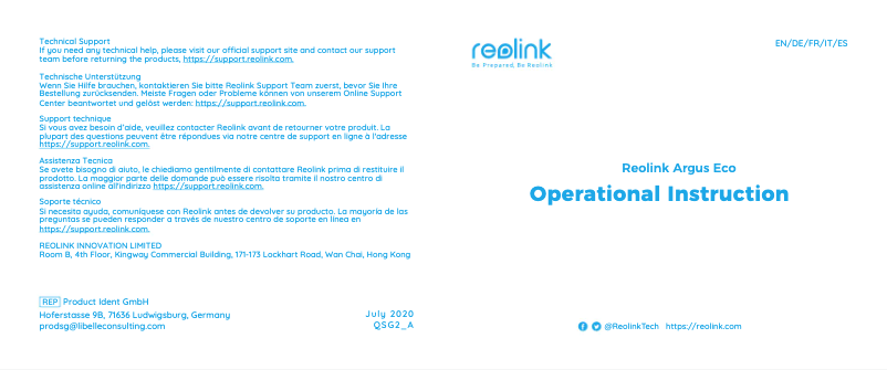 Page 1 de la notice Manuel utilisateur Reolink Argus Eco