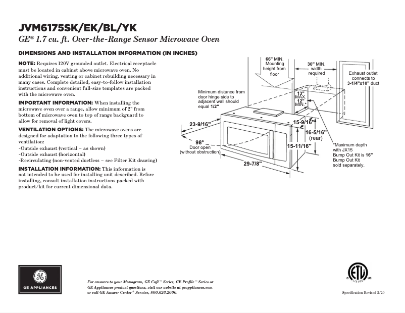 Page 1 de la notice Fiche technique GE JVM6175SKSS