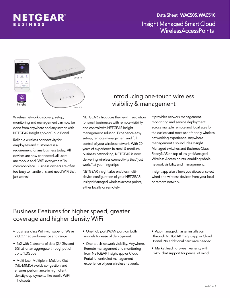 Page 1 de la notice Fiche technique Netgear WAC505