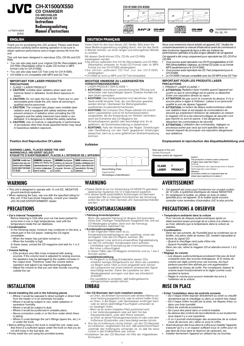 Page 1 de la notice Manuel utilisateur JVC CH-X1500