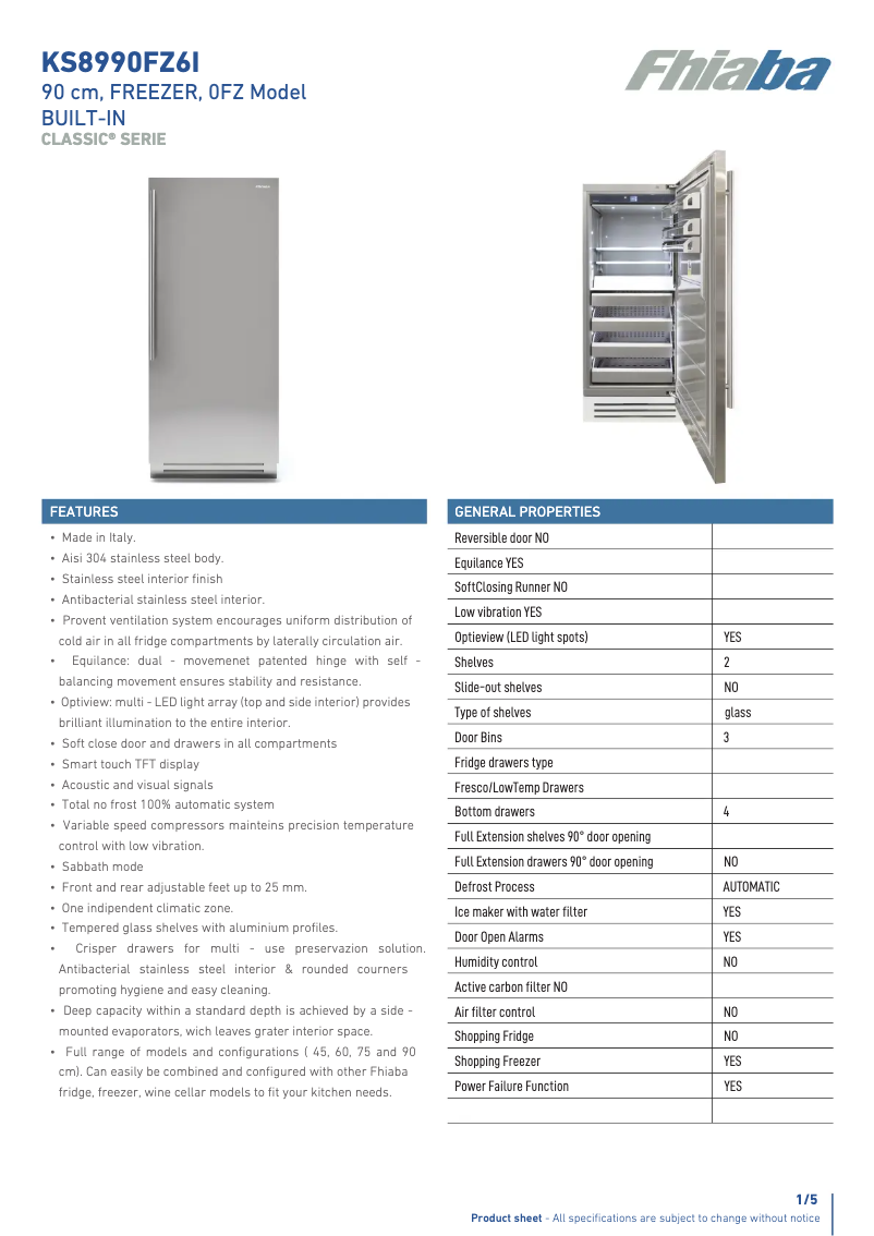 Page 1 de la notice Fiche technique Fhiaba KS8990FZ6IA