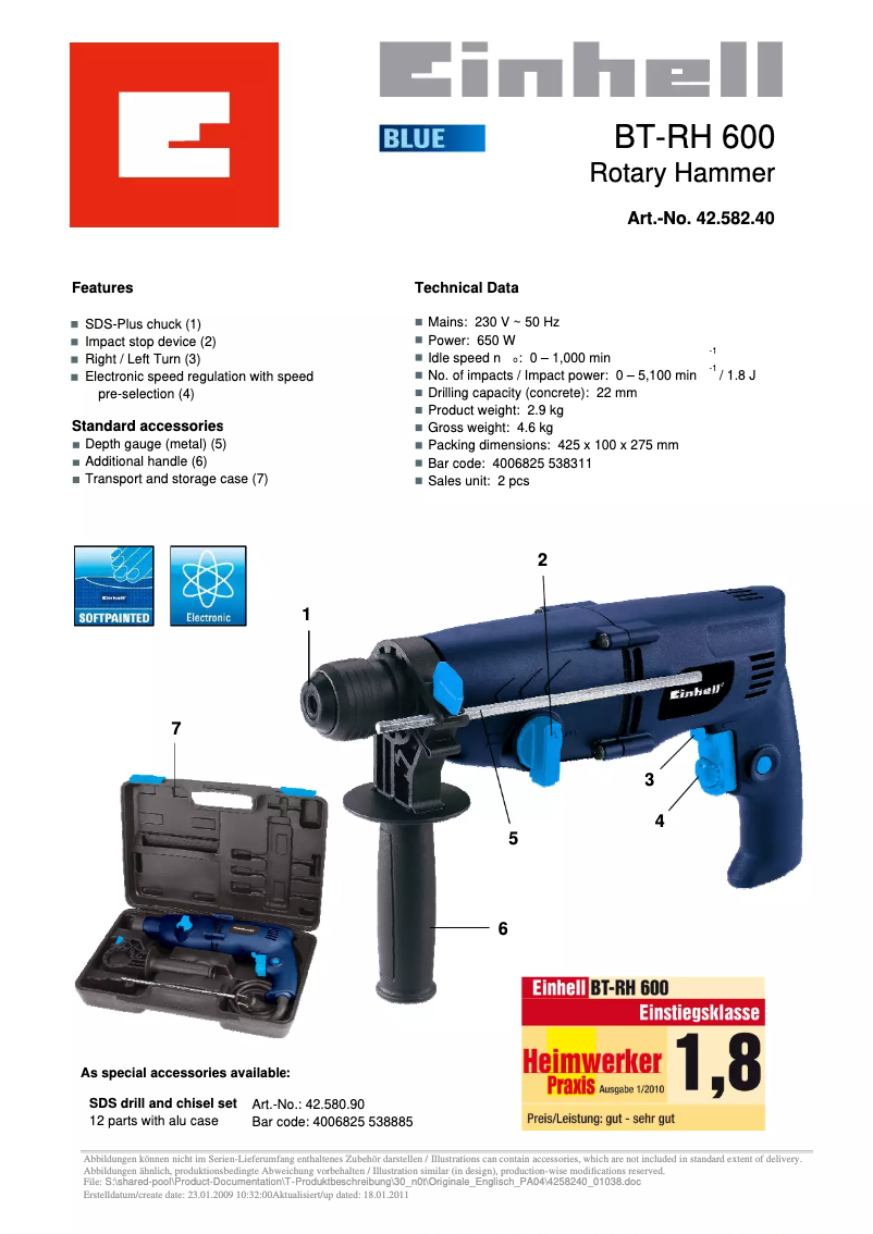 Page n°1 - Fiche technique Einhell BT-RH 600