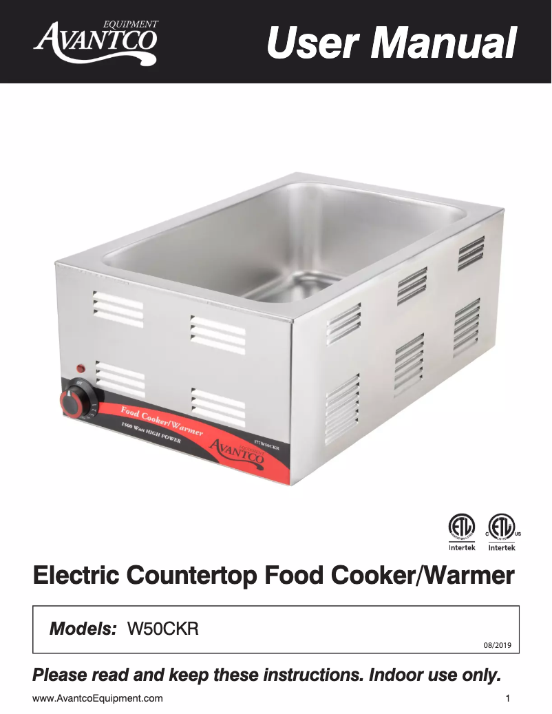 Page 1 de la notice Manuel utilisateur Avantco W50CKR