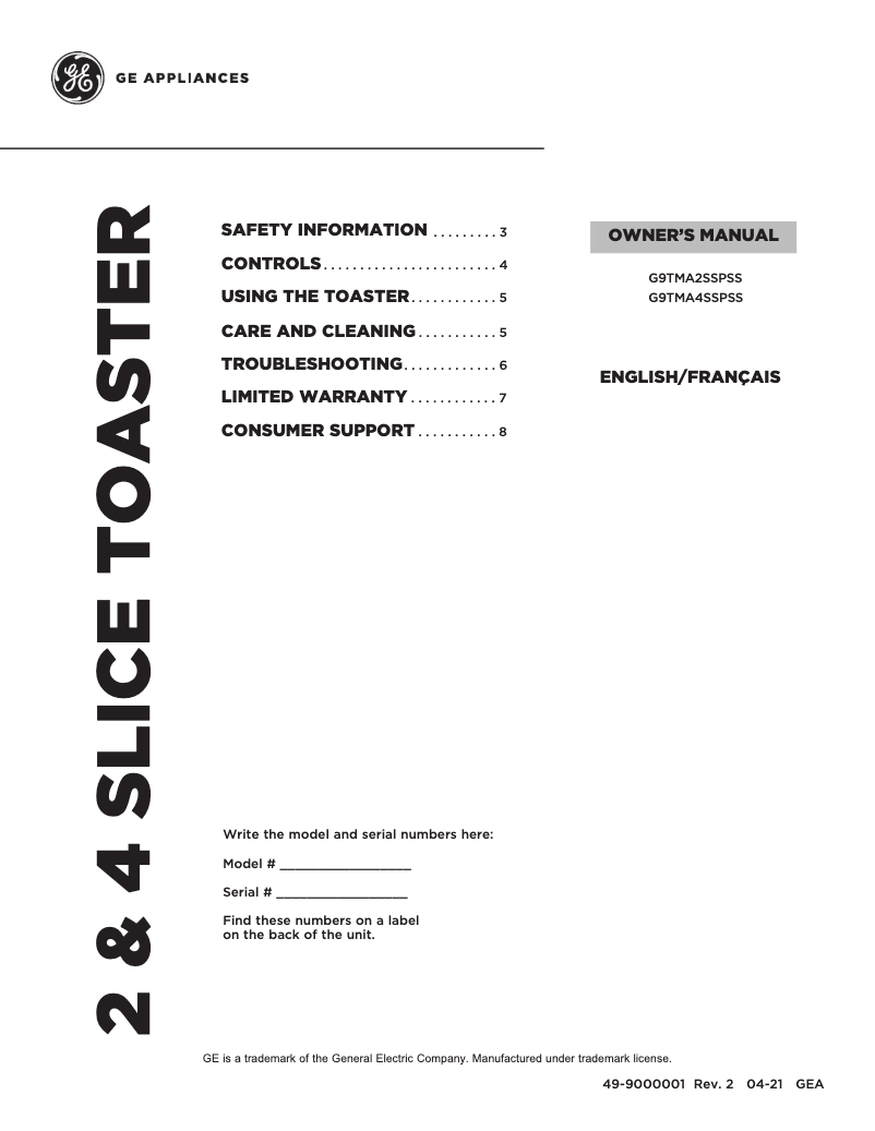 Page 1 de la notice Manuel d'utilisation et d'entretien GE G9TMA4SSPSS