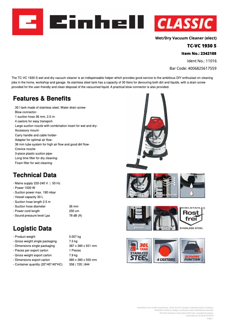 Page 1 de la notice Fiche technique Einhell TC-VC 1930 S