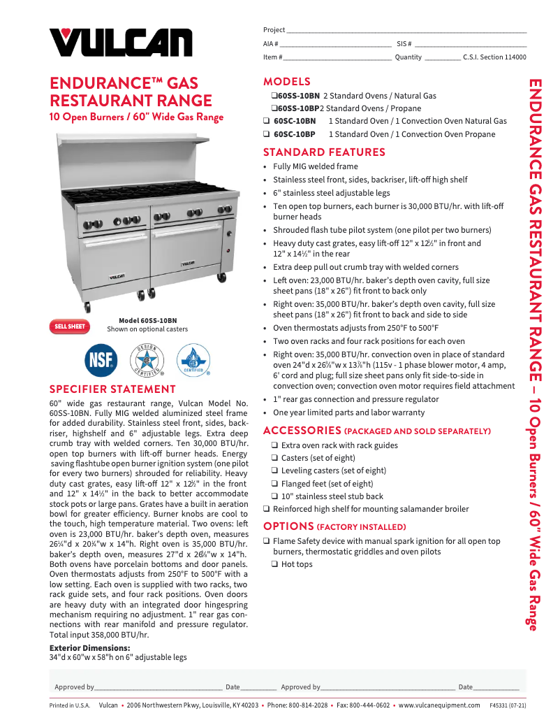 Page 1 de la notice Fiche technique Vulcan 60SC-10B