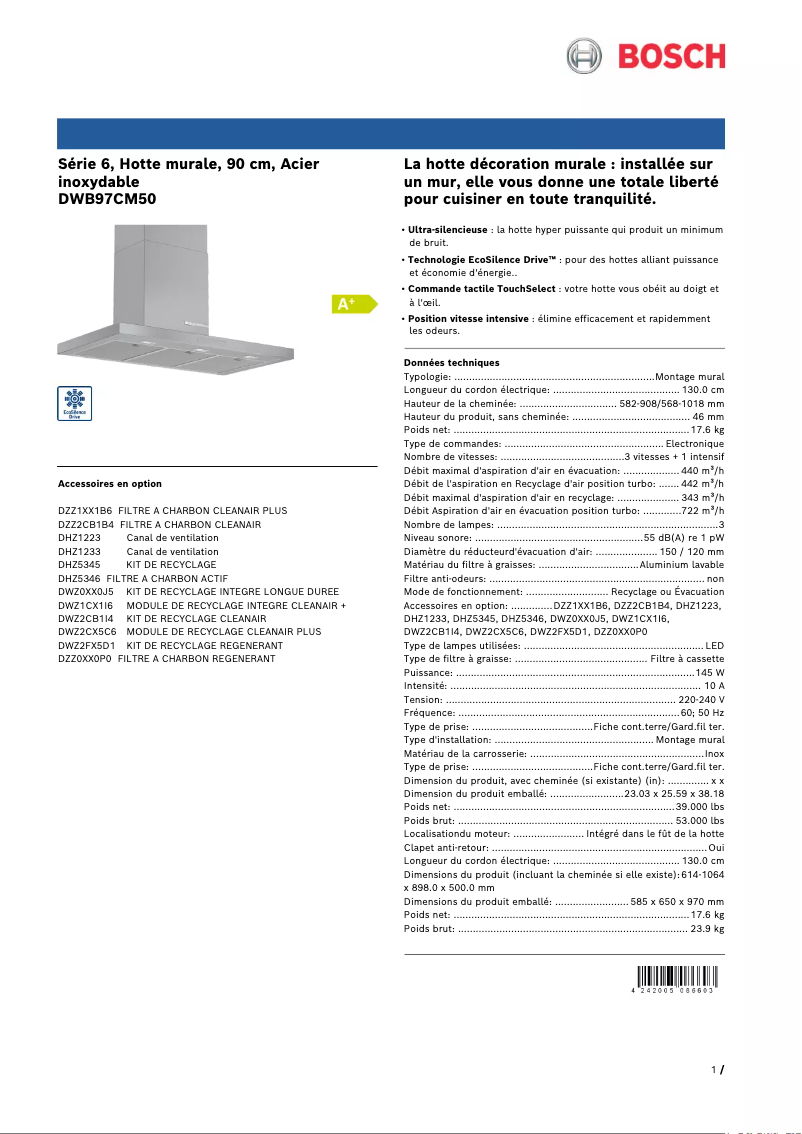 Page 1 de la notice Fiche technique Bosch DWB97CM50