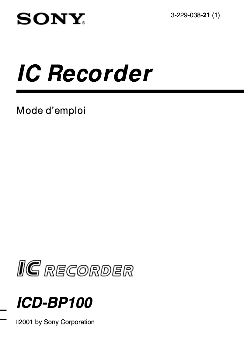 Page 1 de la notice Manuel utilisateur Sony ICD-BP100