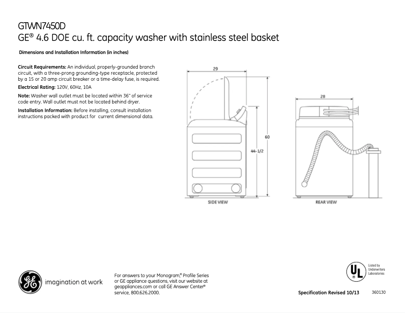 Page 1 de la notice Fiche technique GE GTWN7450DWW