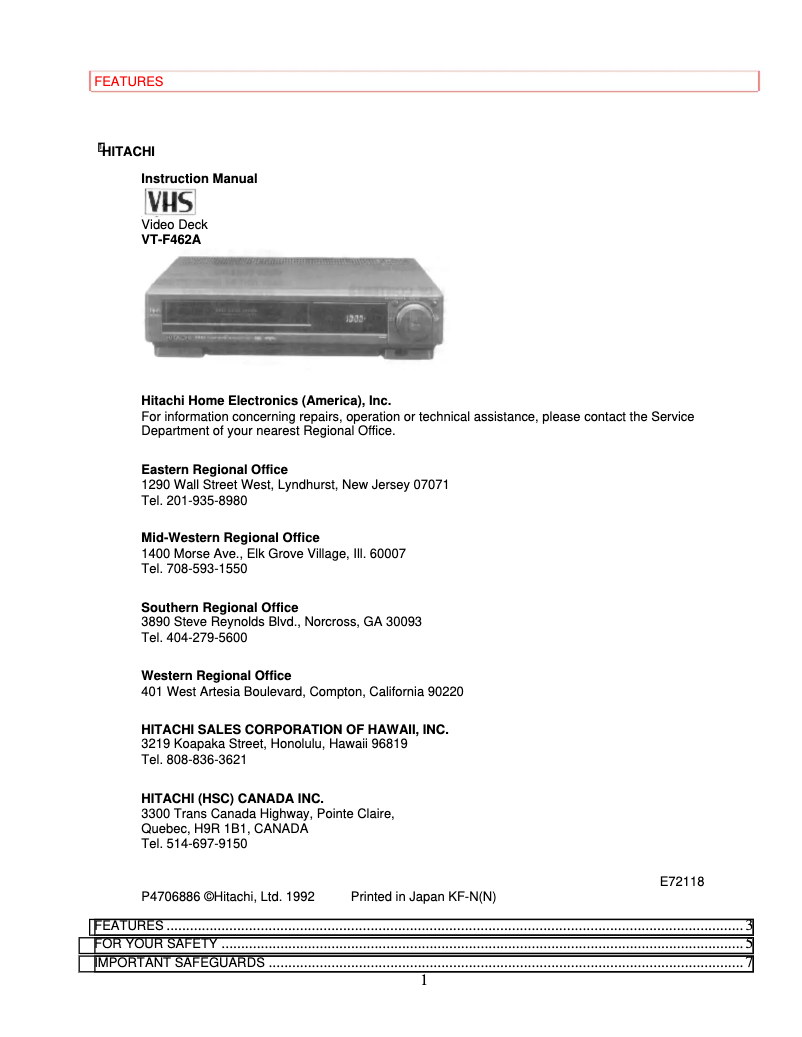 Page n°1 - Manuel utilisateur Hitachi VT-F462A