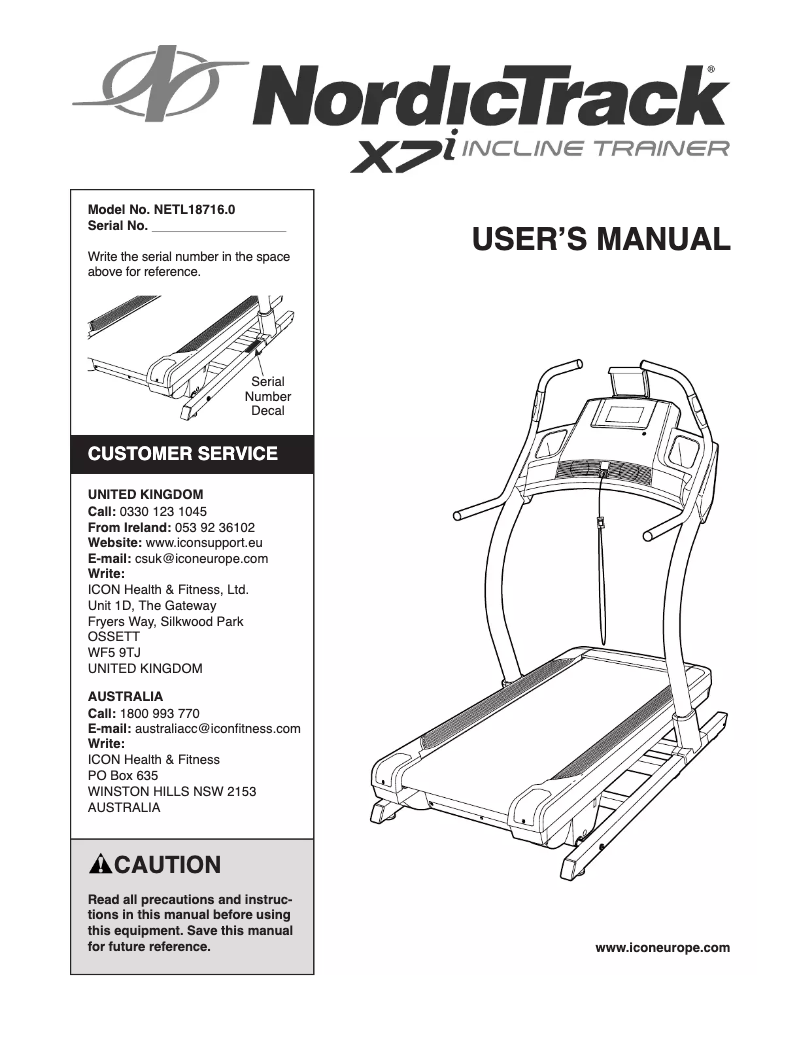 Page n°1 - Manuel utilisateur ProForm X7i Incline Trainer
