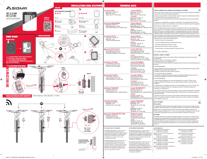 Page 1 de la notice Manuel utilisateur Sigma BC 5.0 WR