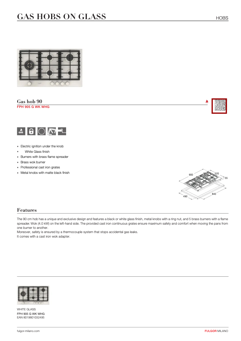 Page 1 de la notice Fiche technique Fulgor Milano FPH 905 G WK WHG