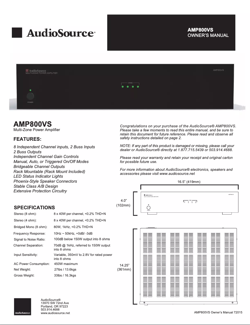 Page n°1 - Manuel utilisateur AudioSource AMP800VS