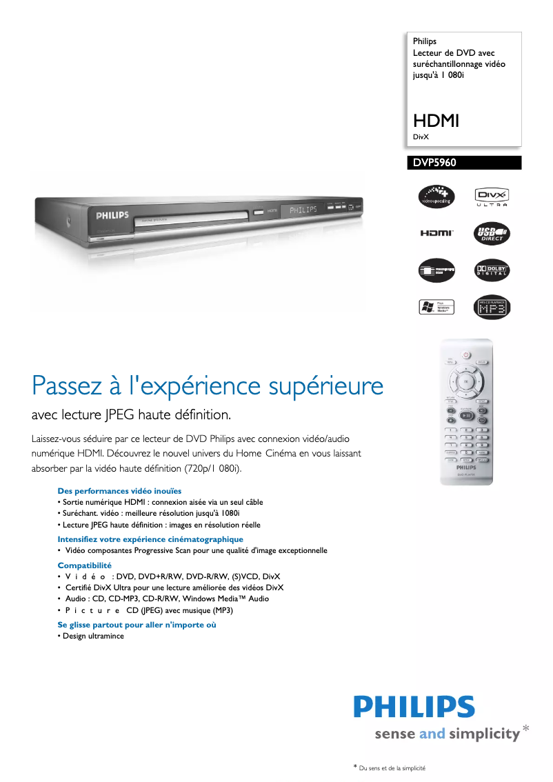 Page 1 de la notice Fiche technique Philips DVP5960