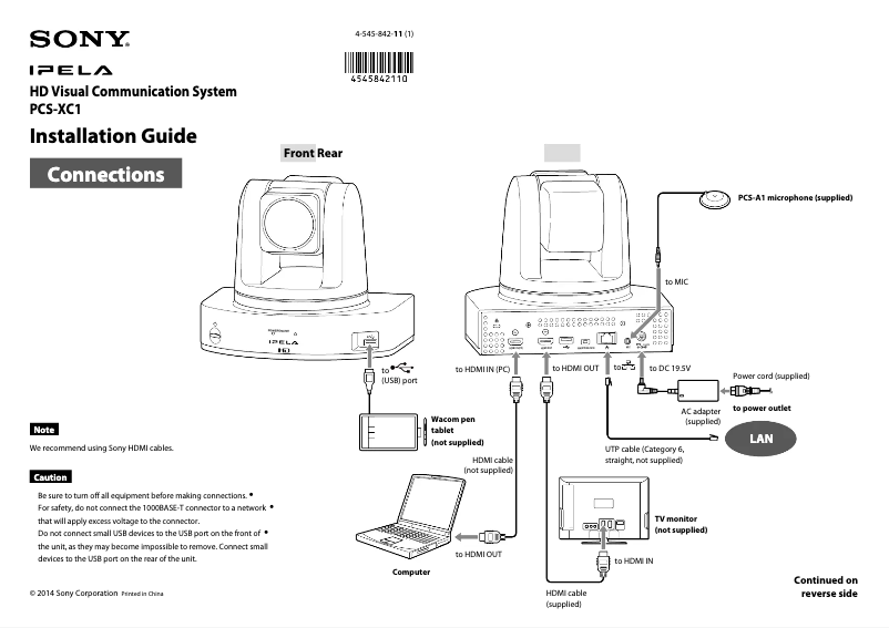 Page 1 de la notice Guide d'installation Sony PCS-XC1