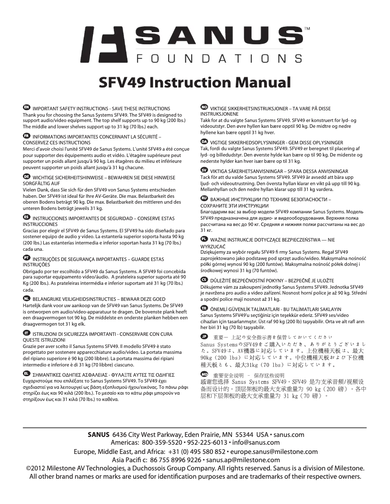Page 1 de la notice Manuel utilisateur Sanus SFV49