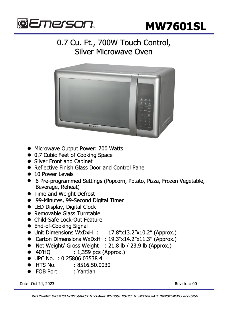 Image de la première page du manuel de l'appareil MW7601SL