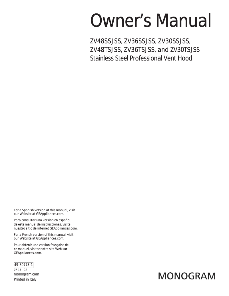 Page 1 de la notice Manuel utilisateur Monogram ZV36SSJSS