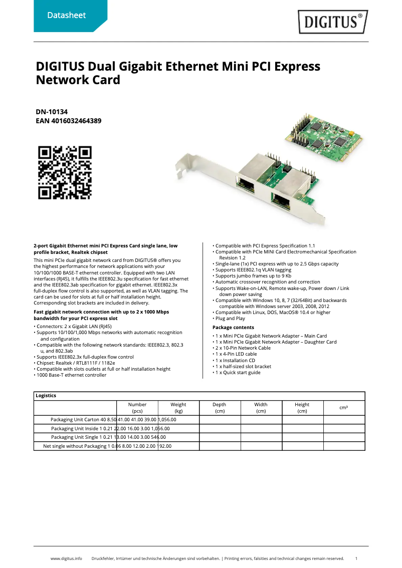 Page 1 de la notice Fiche technique Digitus DN-10134
