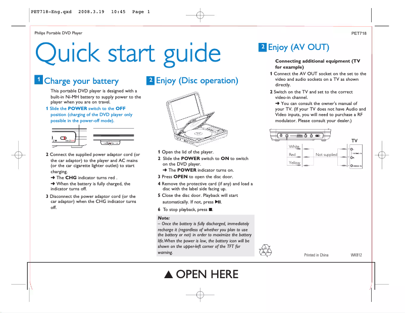 Page 1 of the manual Quick Start Guide Philips PET718