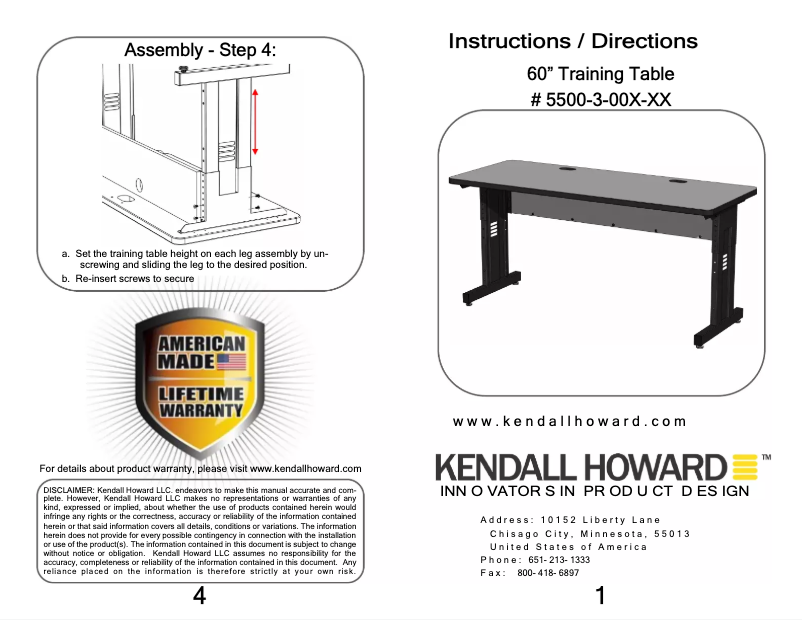 Page n°1 - Manuel utilisateur Kendall Howard 5500-3-000-25