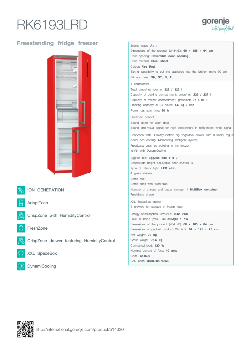 Page 1 de la notice Fiche technique Gorenje RK6193LRD