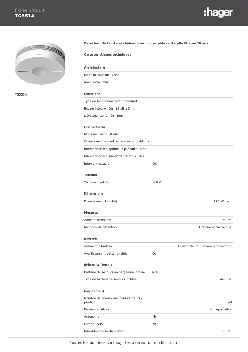 Page 1 de la notice Fiche technique Hager TG551A