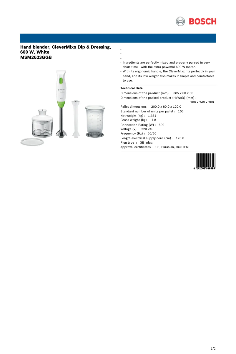 Page n°1 - Fiche technique Bosch CleverMixx Dip & Dressing MSM2623G