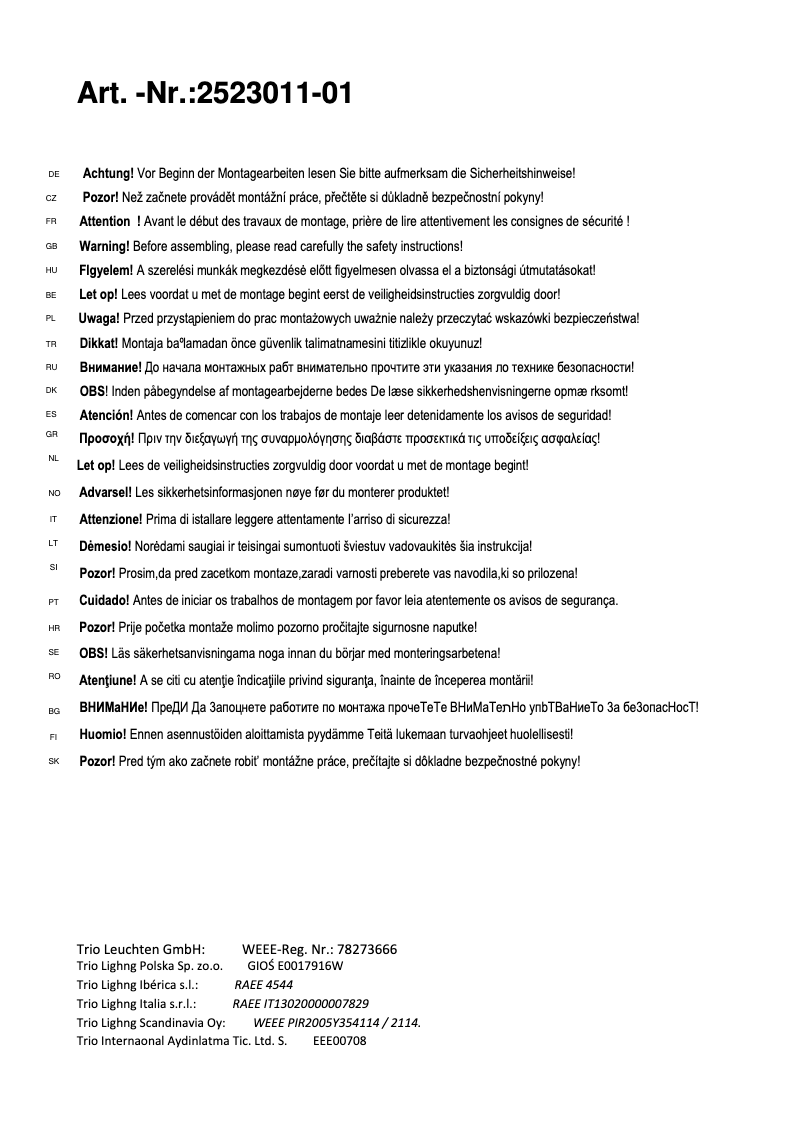 Page 1 de la notice Manuel utilisateur Trio Lighting Marta 2523011-01