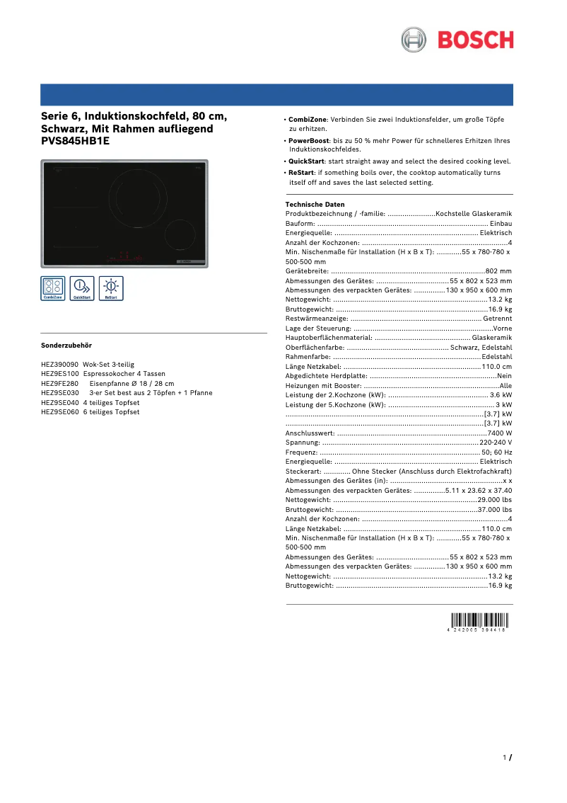 Page 1 de la notice Fiche technique Bosch PVS845HB1E