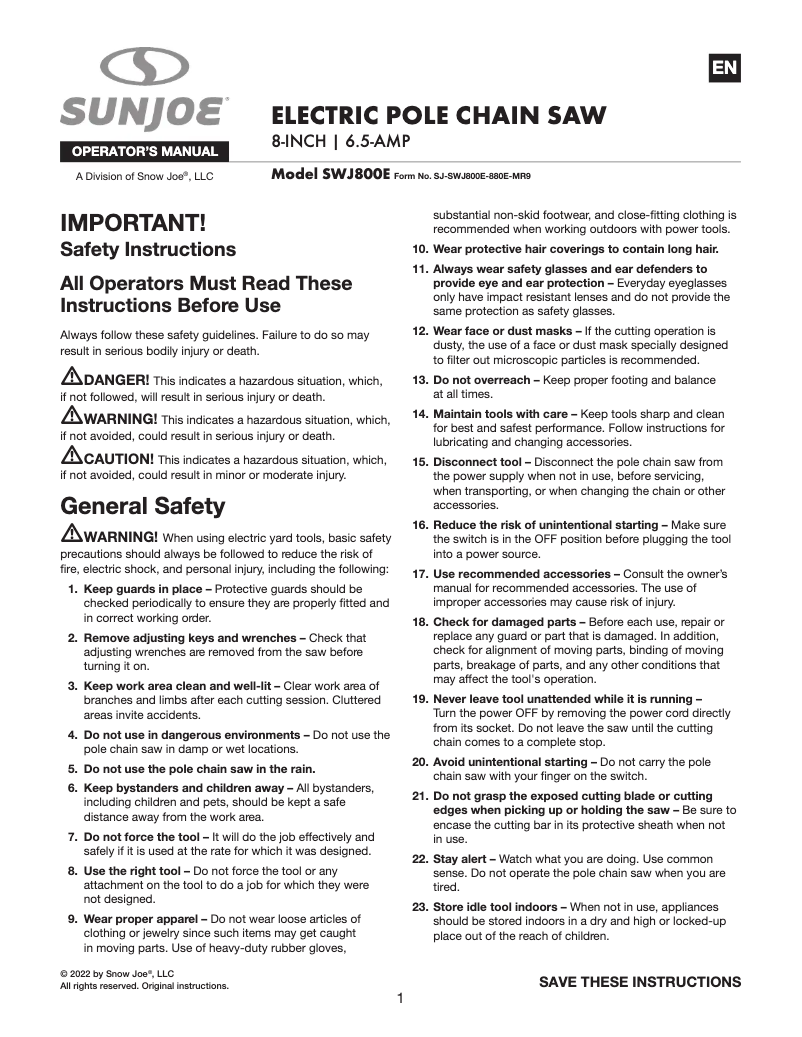 Page 1 de la notice Manuel utilisateur Sun Joe SWJ800E