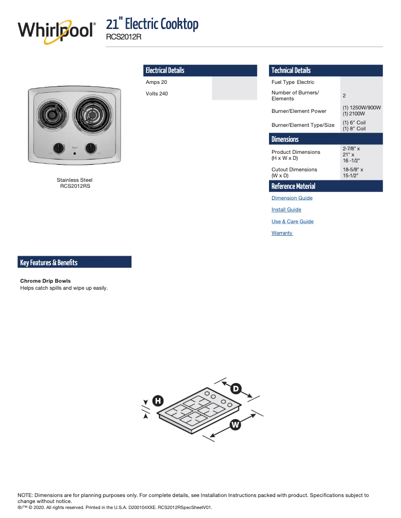 Página 1 del manual Ficha técnica Whirlpool RCS2012RS