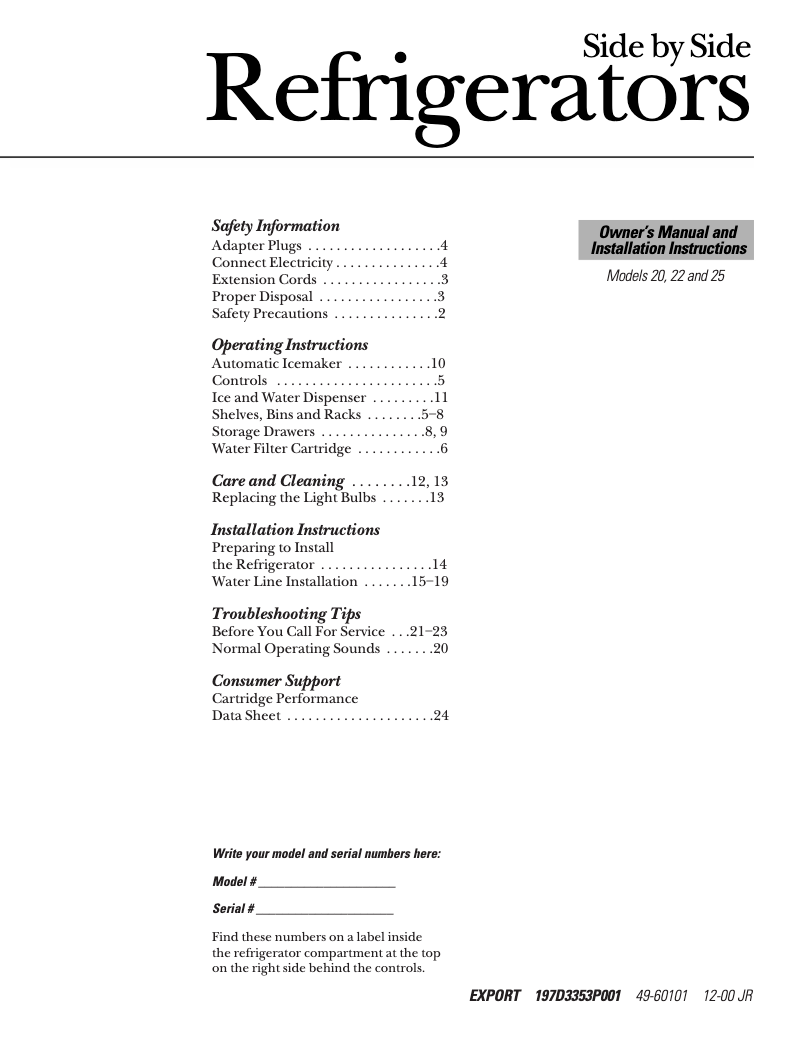 Page n°1 - Manuel d'utilisation et d'entretien GE TFT20JABAA